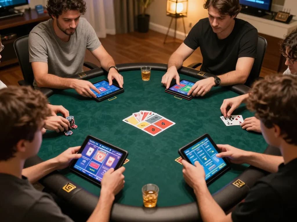 Players engaged in online poker strategies using 32win, showcasing home gaming excitement.