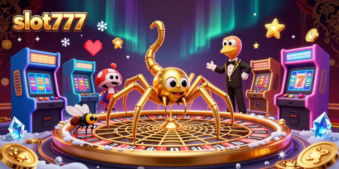 Spin to win at slot777 with a 3D golden spider and centipede croupier in an arcade chaos.