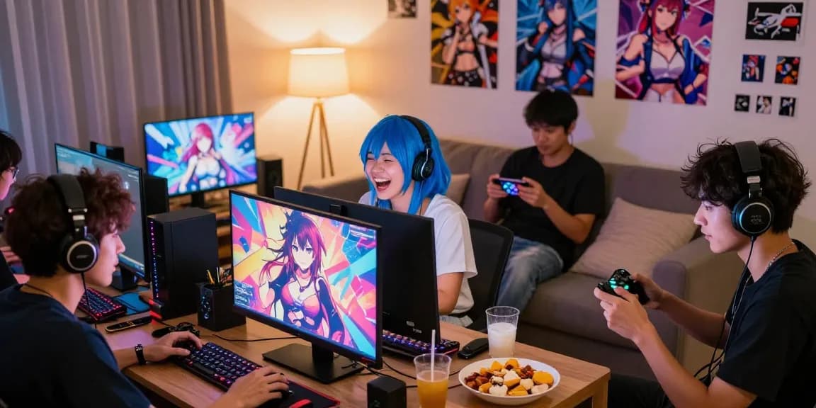 Gamers enjoying an ecchi game together in a cozy living room setting with screens and snacks.