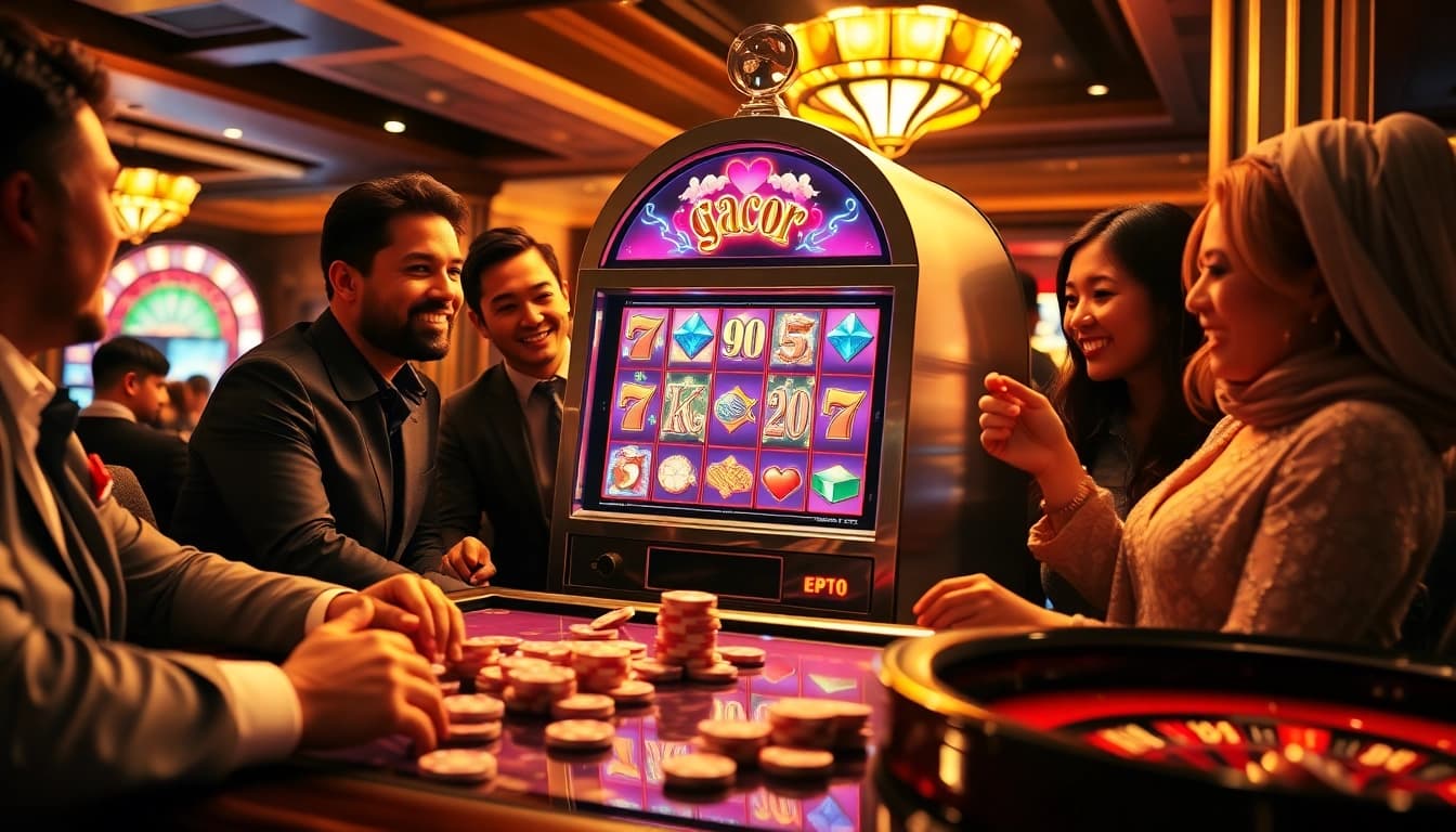 Enjoying excitement at slot gacor nekatwin with vibrant machines and thrilled players in a luxurious casino.