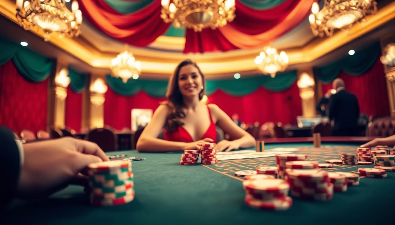 Casino spielen online: Spieler am Tisch in einem luxuriösen Casino mit Chips und Karten.