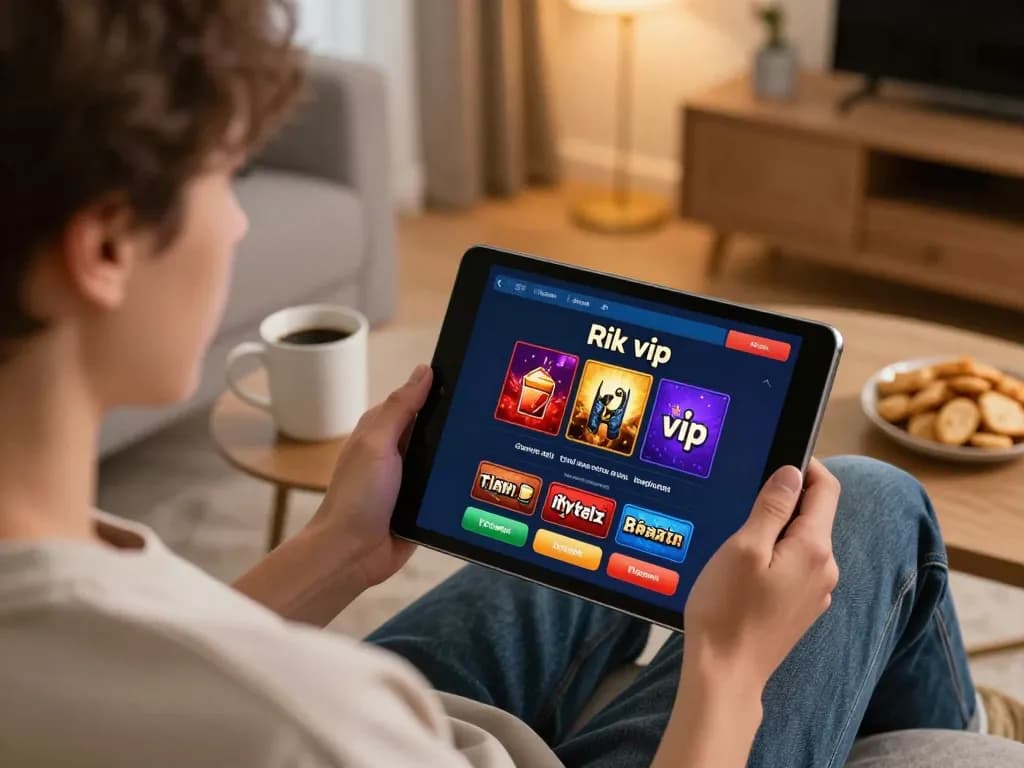 Engaged user playing rik vip online casino on a tablet in a cozy home setting.