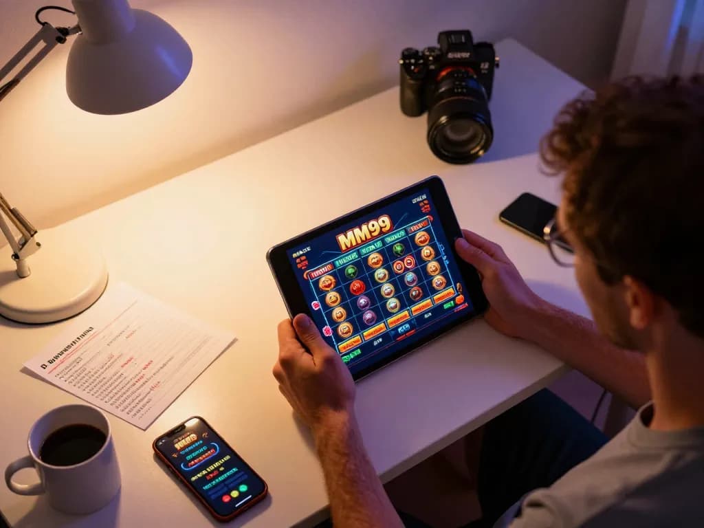 Player engaged with MM99 COM on tablet showcasing strategic gambling gameplay, home setting atmosphere.