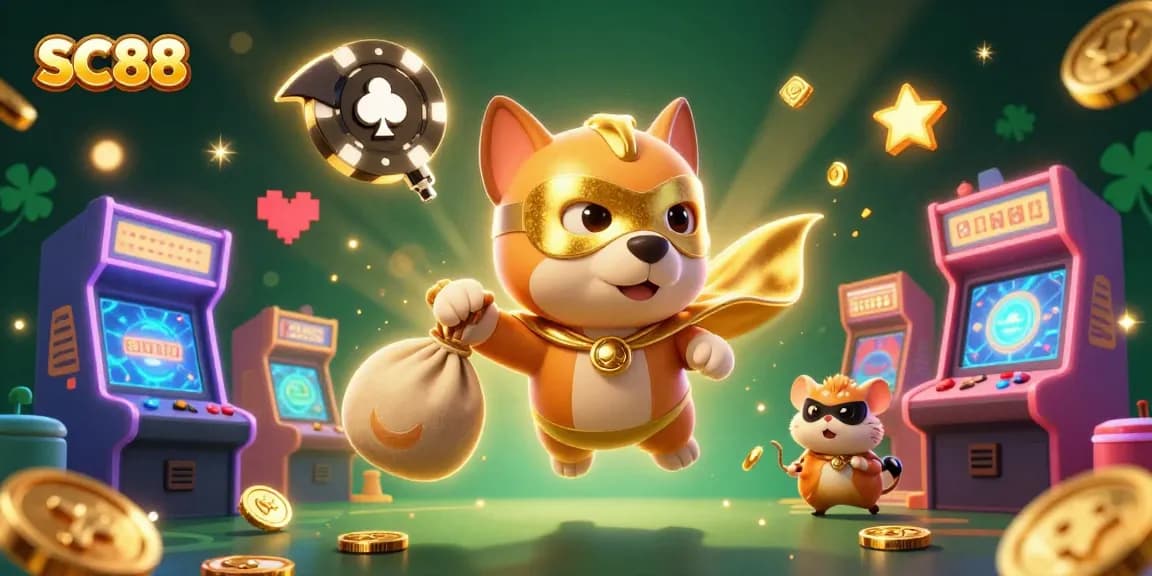 Experience exhilarating wins with SC88, featuring a playful dog hero, gold coins, and vibrant casino elements.