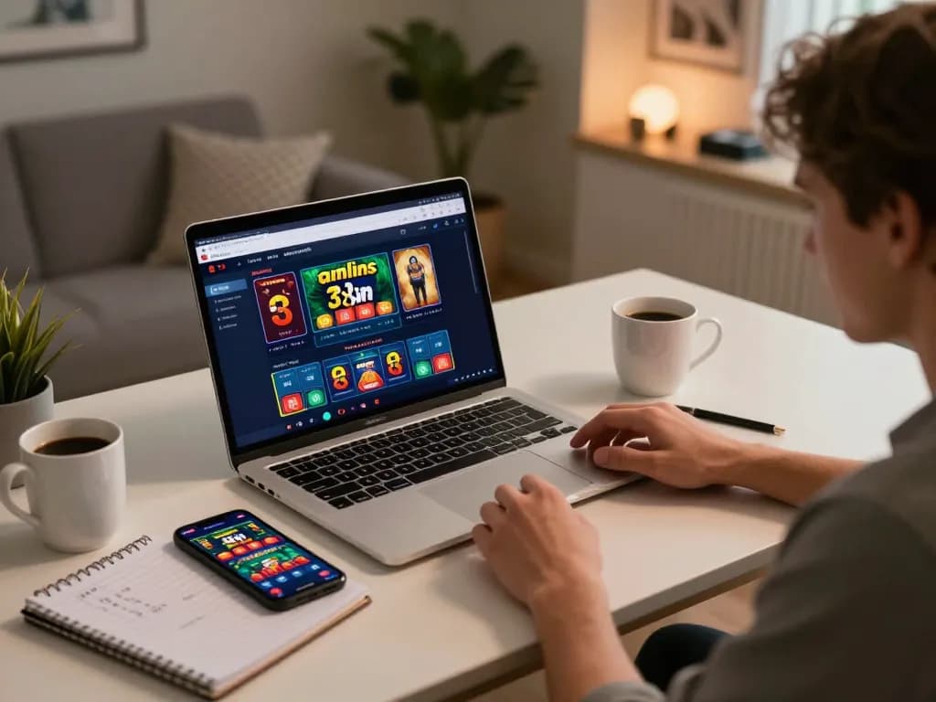 Experience the excitement of 33win online gaming with a stylish setup featuring a mobile app and strategic notes.