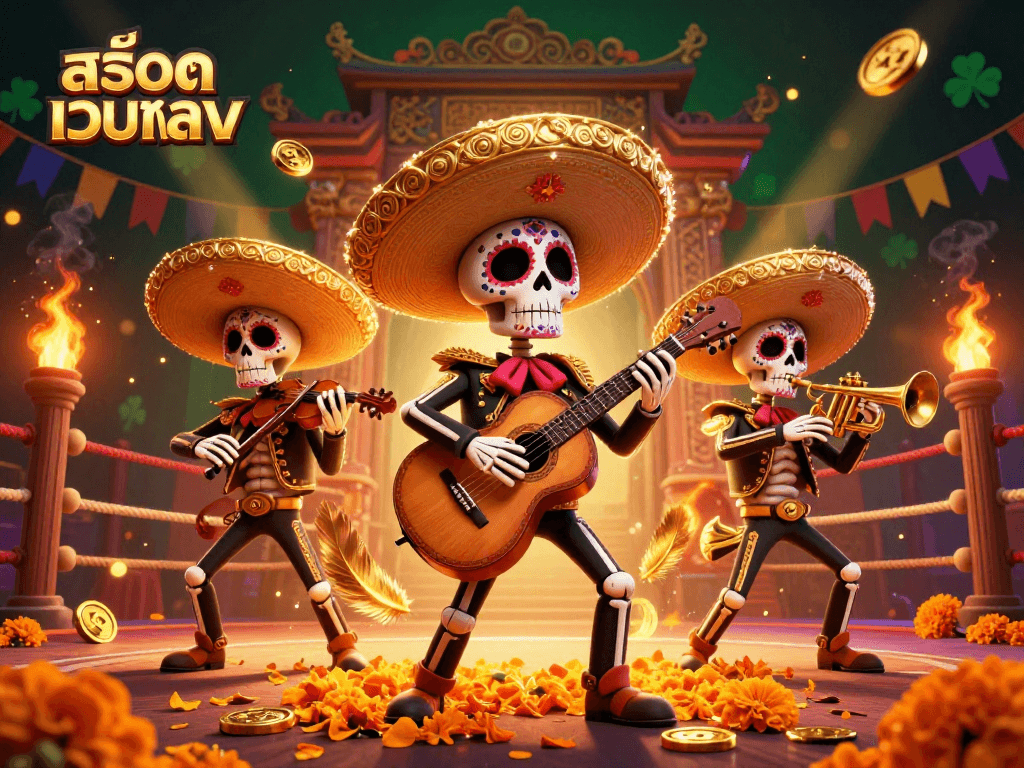 Engage with สล็อตเว็บตรง through this vibrant scene of a mariachi band amidst gaming elements.