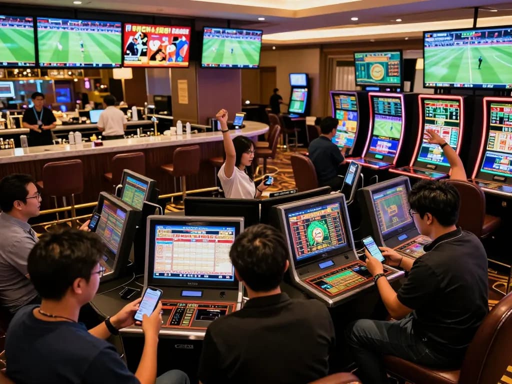 Enthusiastic bettors celebrating a win while checking soi kèo nhà cái and live sports odds in a stylish casino lounge.