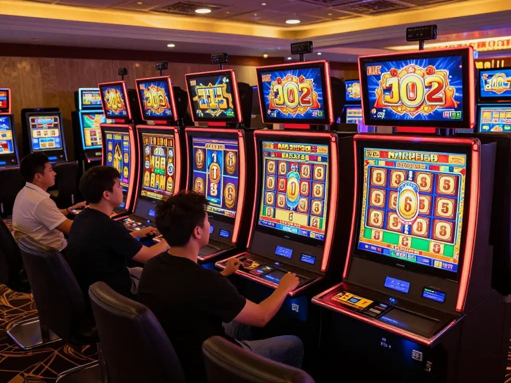 Engaged players exploring situs gacor slot opportunities at online casino machines, vibrant atmosphere.