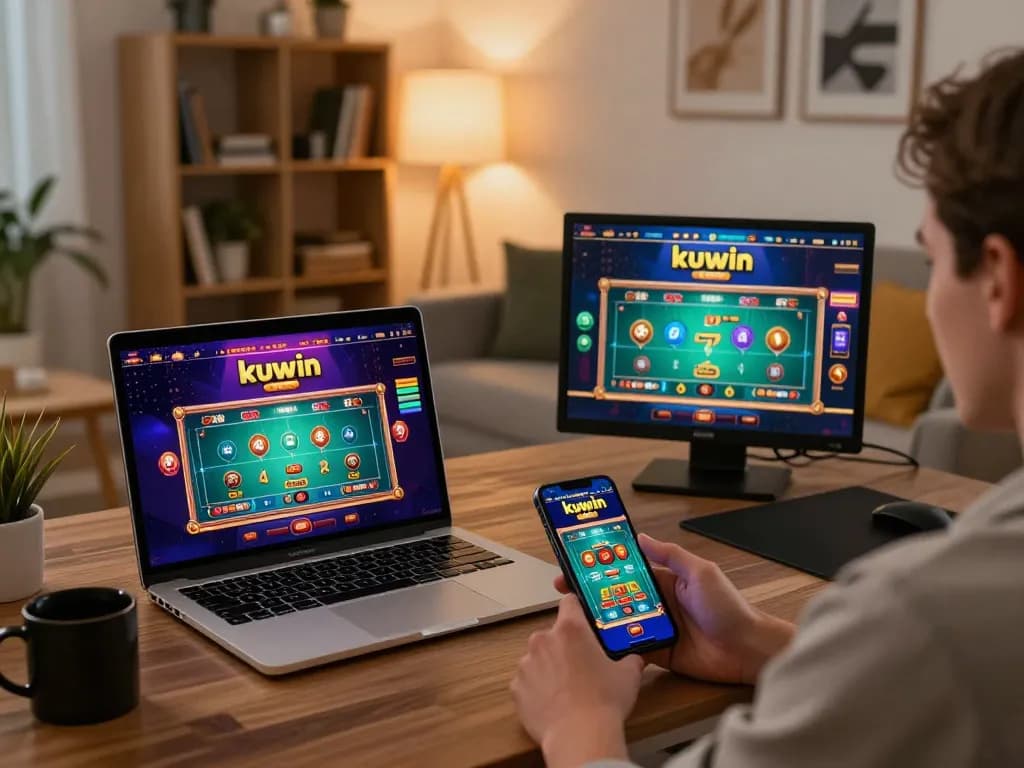 Kuwin user engaged in online gambling with laptop and mobile device in a stylish home office.