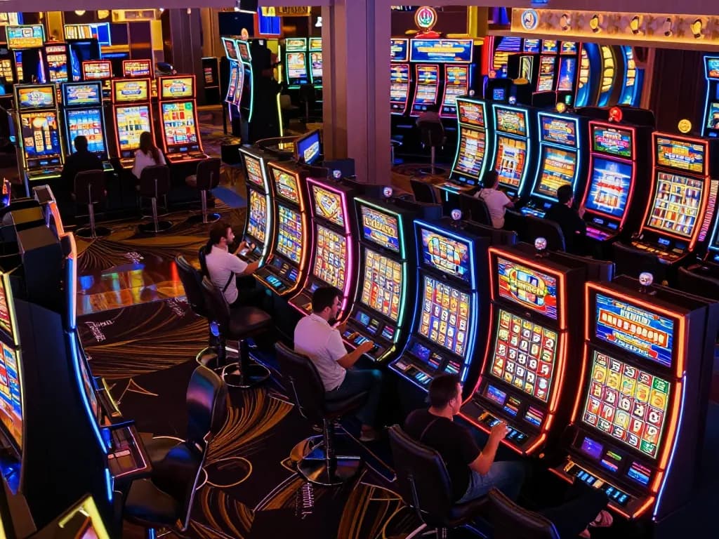 Players celebrating wins at vibrant slot machines in lively Las Vegas casino setting
