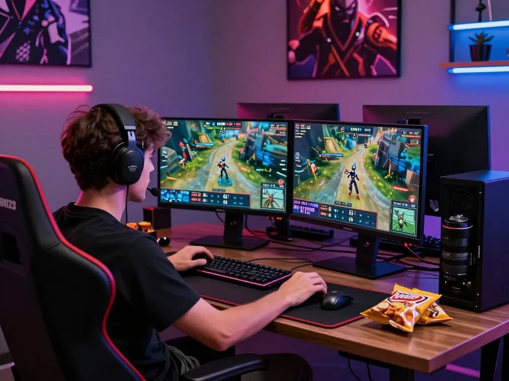 Engaging scene of a player using DEWI123 for online gaming with vibrant decor and dual monitors.