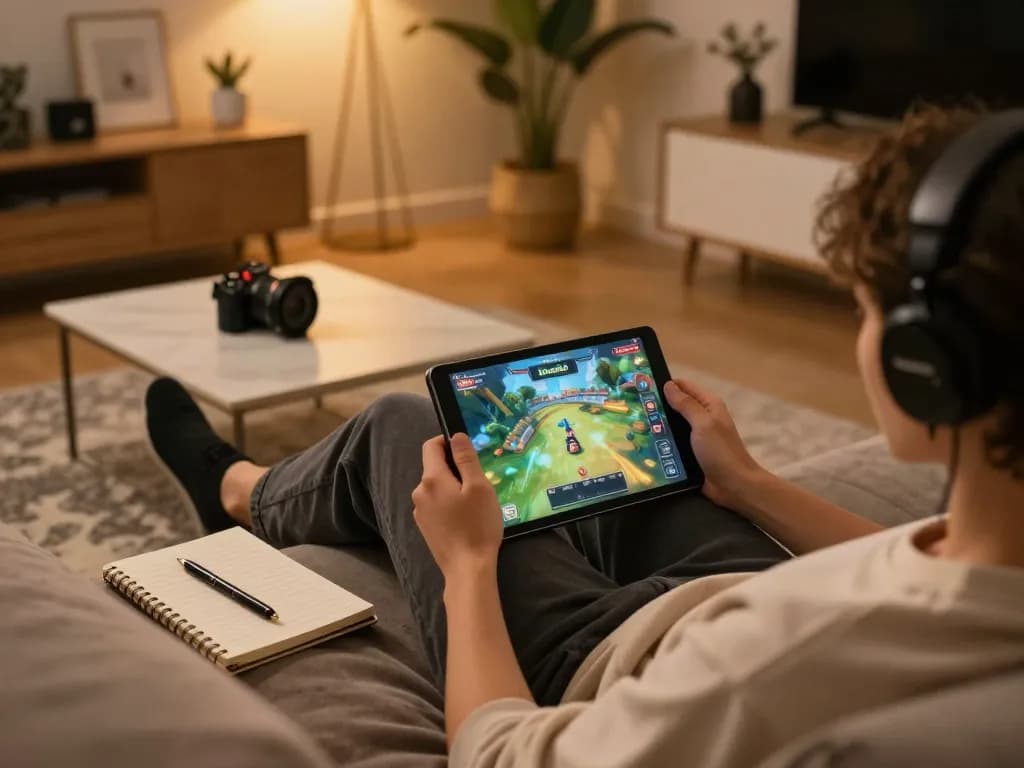 Engaging in strategic gameplay on the Done55 app with a tablet while relaxing at home