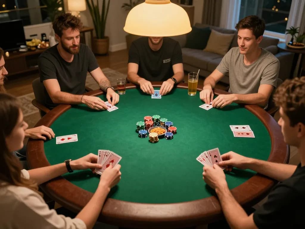 SC88 players strategizing during a home poker game, chips and cards visible, inviting atmosphere