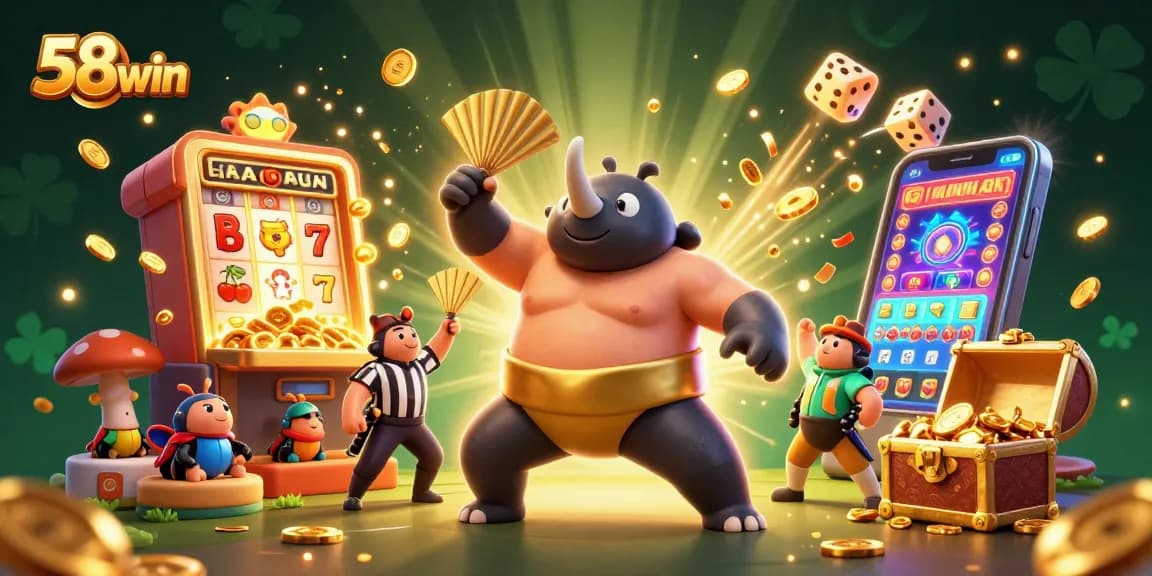 Experience thrilling gameplay at 58win with a sumo champion beetle surrounded by exciting casino elements.