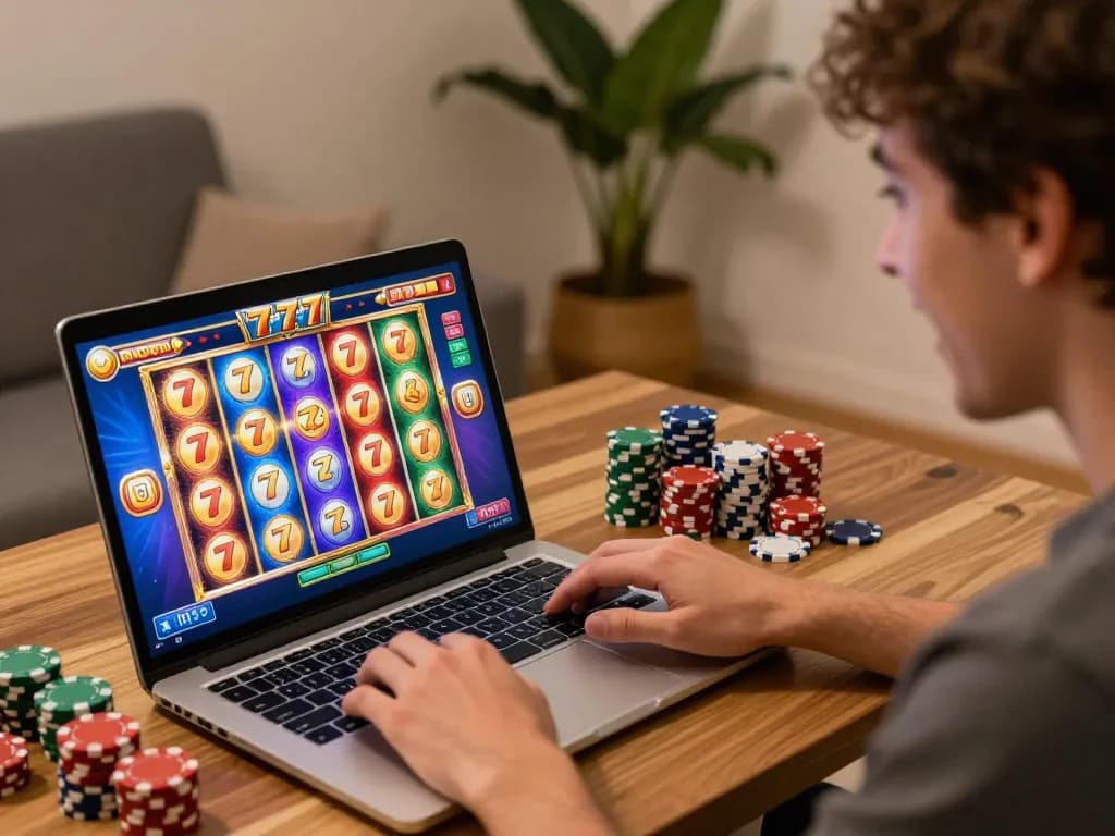 Engaging session playing slot 777 on laptop, vibrant graphics in modern home gaming setup