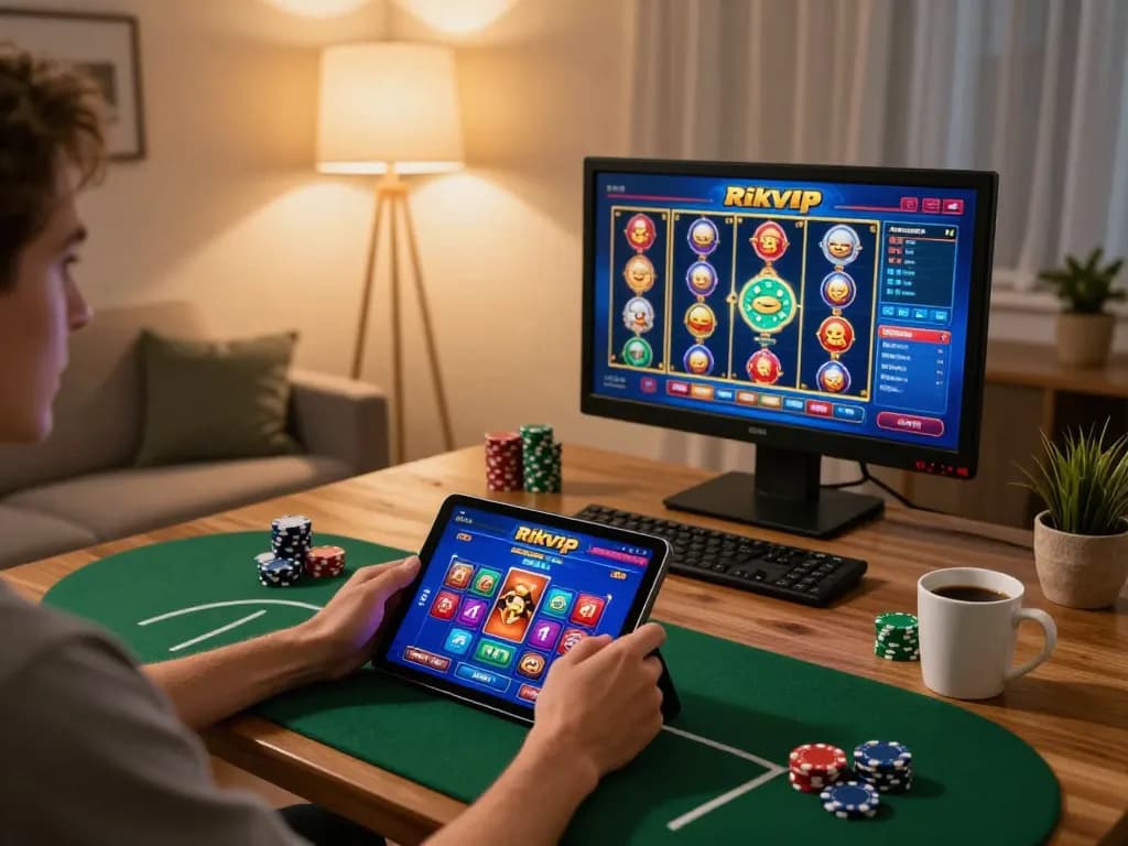 Engaging scene of a player enjoying the rikvip online casino app on a tablet in a cozy home setting