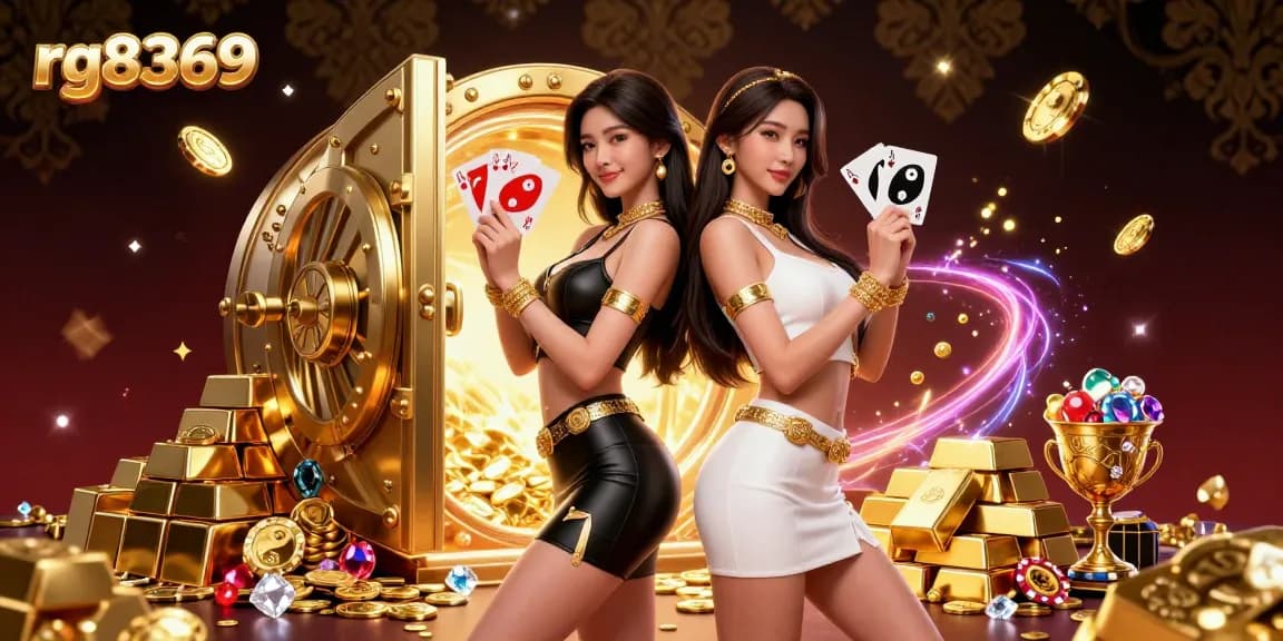 Experience the thrilling world of rg8369 with twin Asian women showcasing powerful playing card poses amidst gold treasures.
