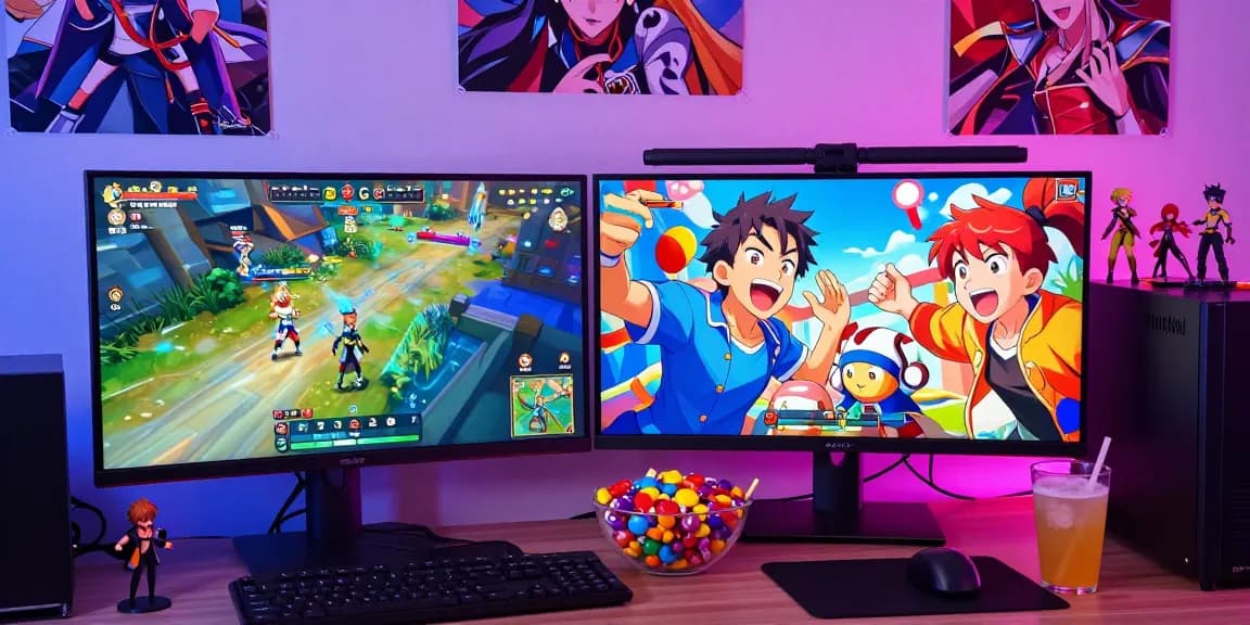 Dynamic scene of players enjoying a gay hentai game with vibrant characters and gaming setup, showcasing excitement and joy.