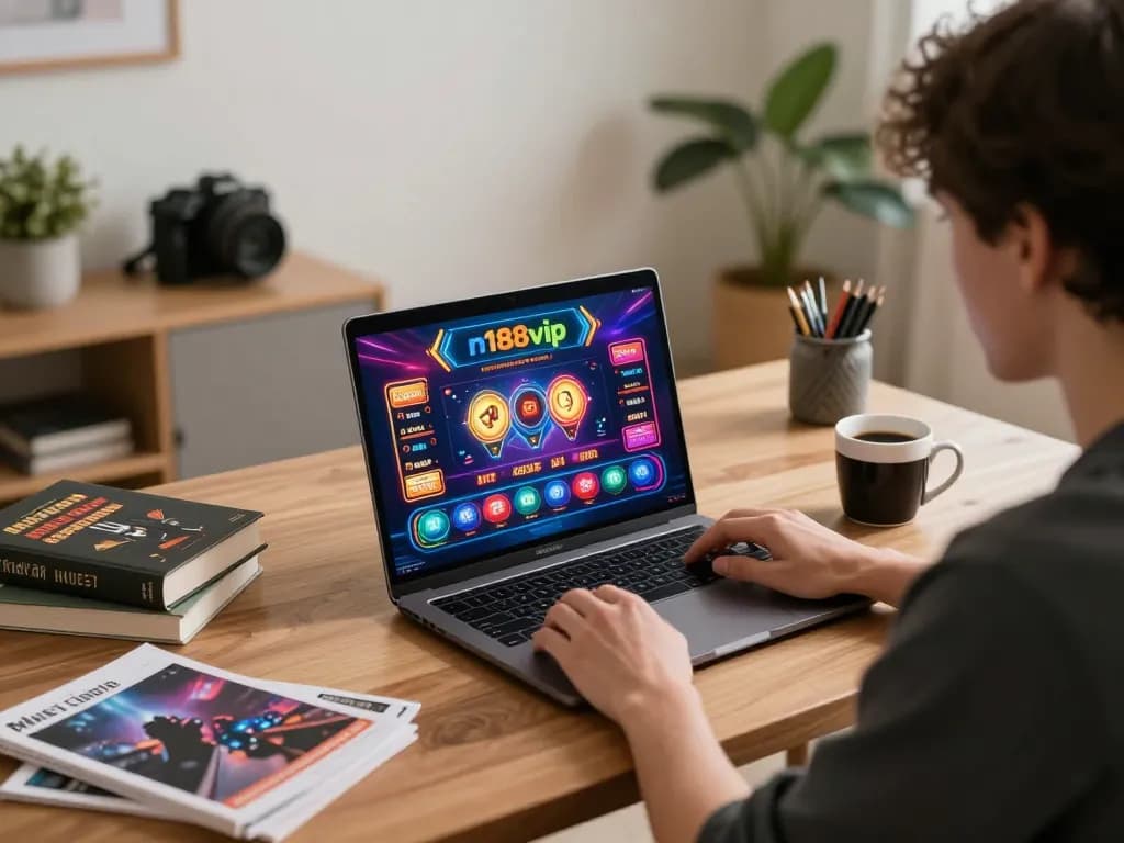 Player enjoying online casino games at n188vip from home, with a stylish setup and strategy notes