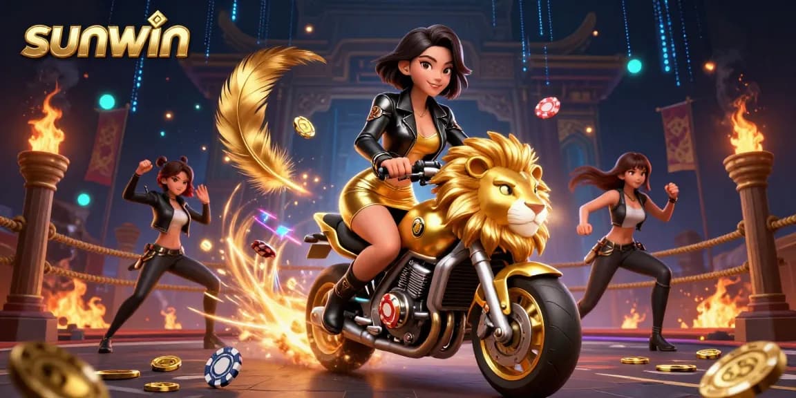 Experience the excitement of sunwin as a glamorous woman rides a golden lion mascot in this vibrant casino scene.