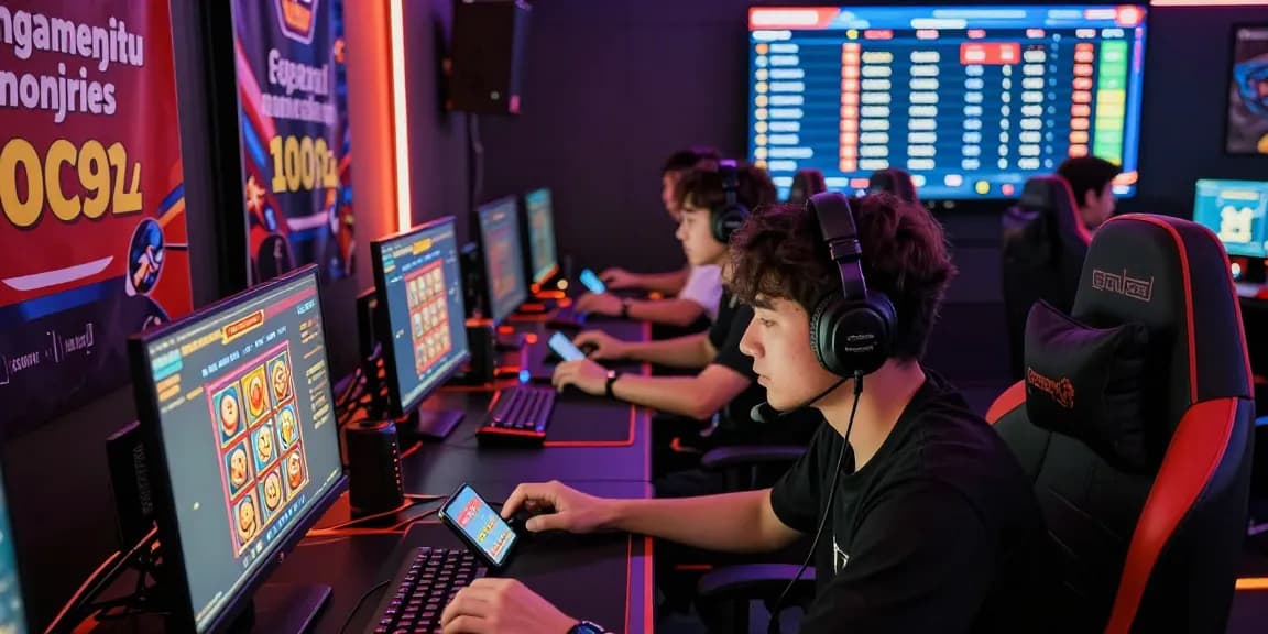 Diverse gamers enjoying ngamenjitu online lottery with vibrant user interfaces and gaming paraphernalia.