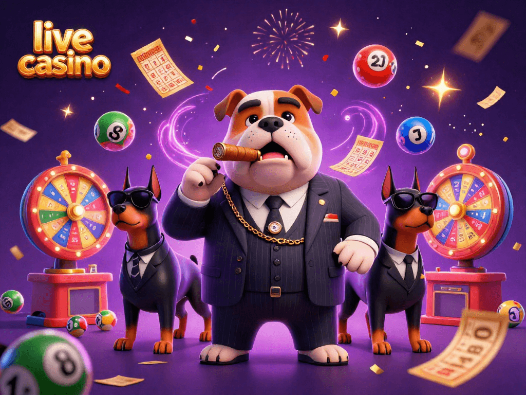 Experience the thrill of a live casino with dynamic characters and gaming elements in this vibrant 3D illustration.