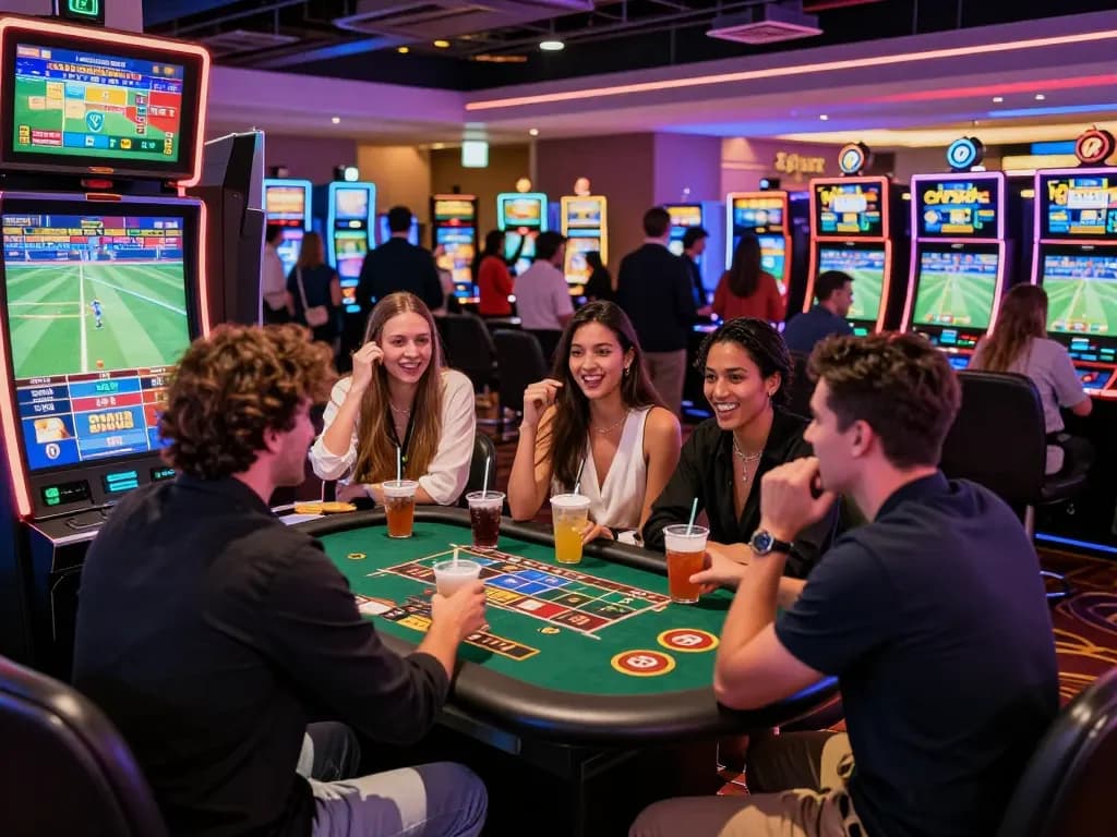 SBOBET88 lively casino scene with friends enjoying sports betting amidst vibrant atmosphere.