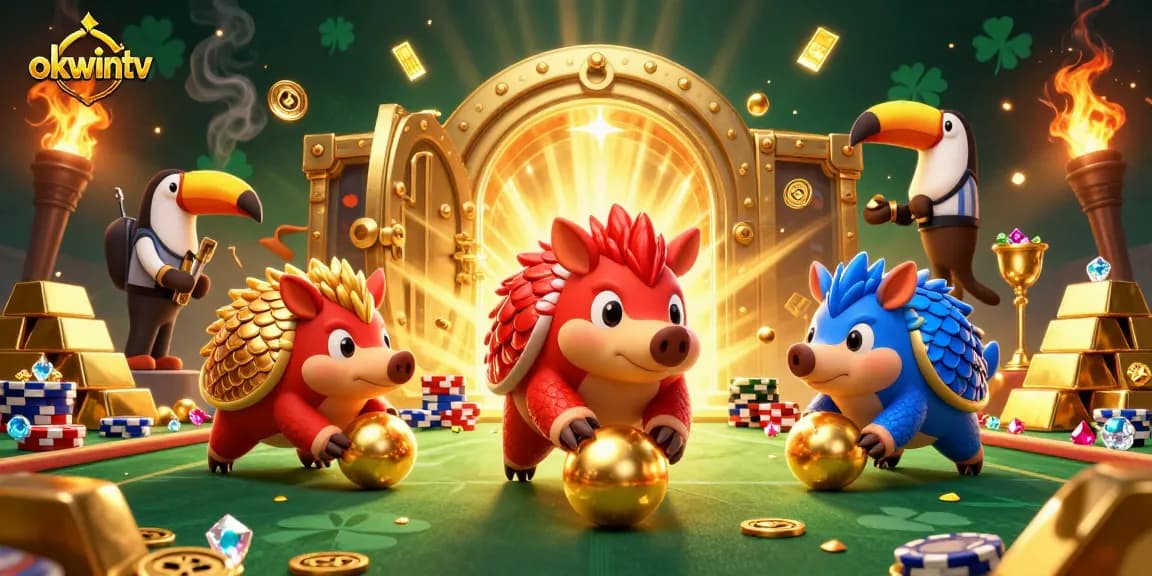 Experience thrilling betting action with okwintv's dynamic pangolin characters rolling through a vibrant casino scene.