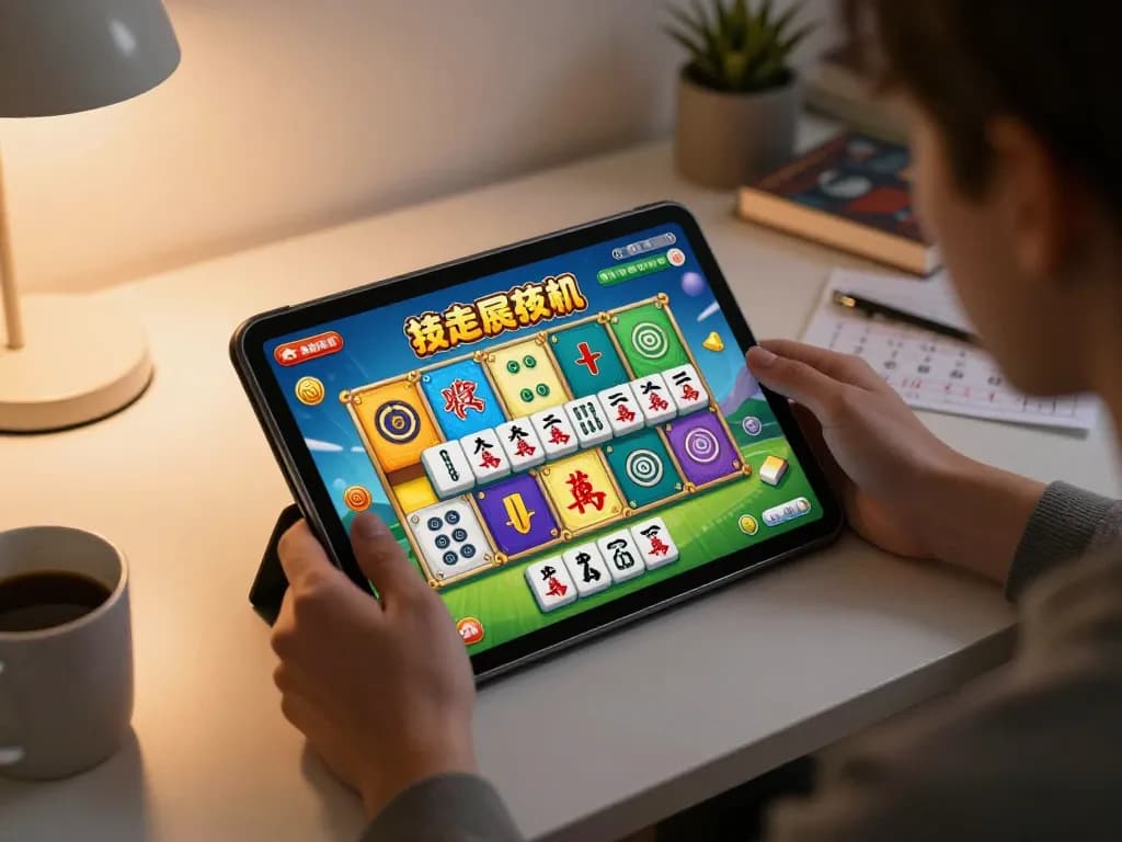 Engaged player enjoying slot mahjong on a tablet, showcasing vivid game action and personal strategy.