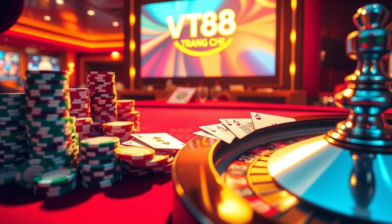 Engaging TRANG CHỦ VT88 casino scene featuring vibrant poker cards and roulette action.