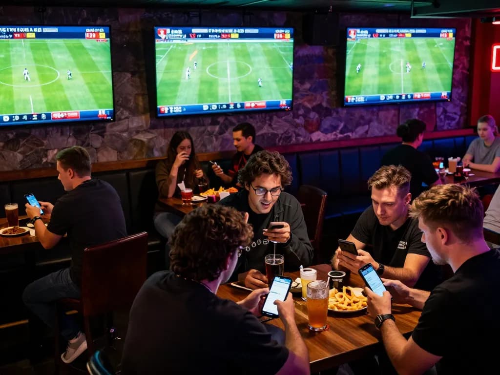 Soi kèo nhà cái hôm nay in a lively sports betting bar with patrons engaged in excitement.