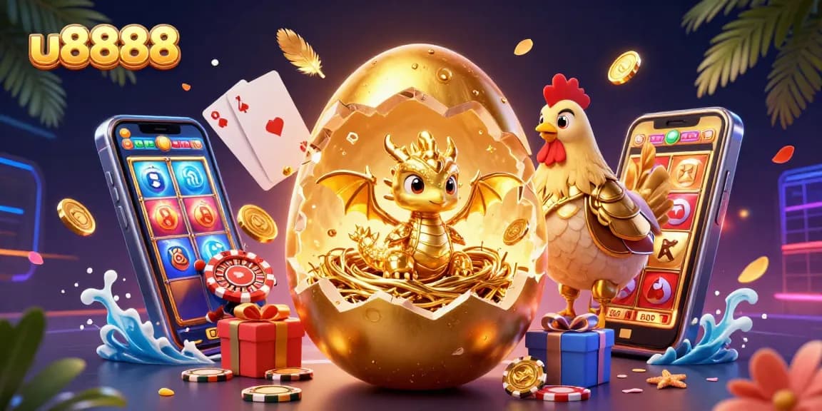 Engage with u8888's vibrant casino scene featuring a golden dragon and dynamic gaming elements.