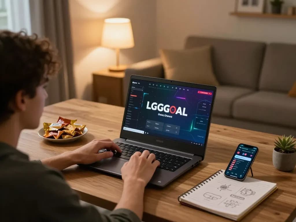 Engaging in online gaming with LGOGOAL platform on laptop at a cozy home setup.