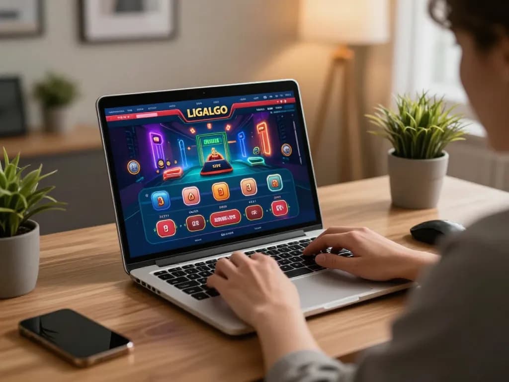 Engaged player using LIGALGO online casino game on laptop in a stylish home setup.