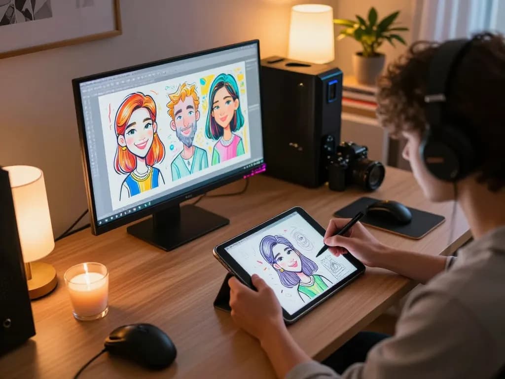 Engaged player creates a caricature in a vibrant home office using tablet