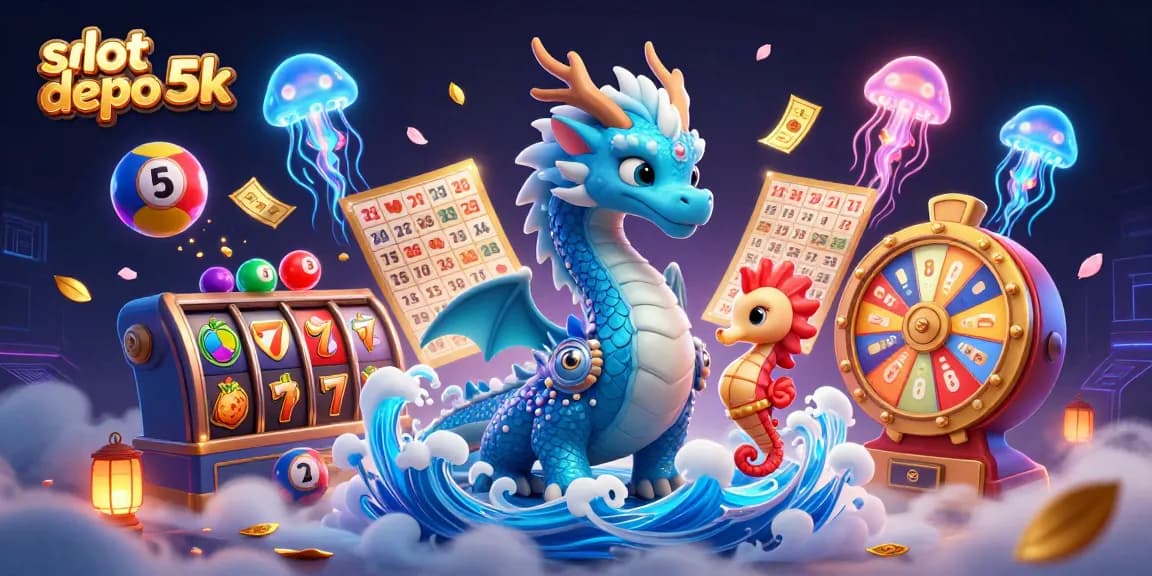 Menangkan jackpot di slot depo 5k dengan simbol slot berwarna dan elemen permainan menarik.