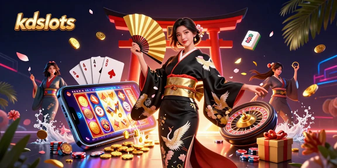 Engage in thrilling gaming action at kdslots, showcasing a vibrant scene with slot games and traditional elements.