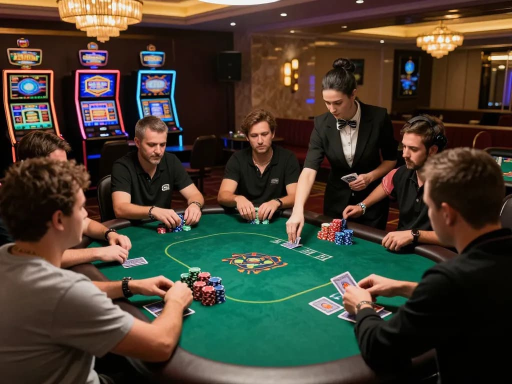 Pfly88 players strategizing at a high-stakes poker table in an upscale casino atmosphere.