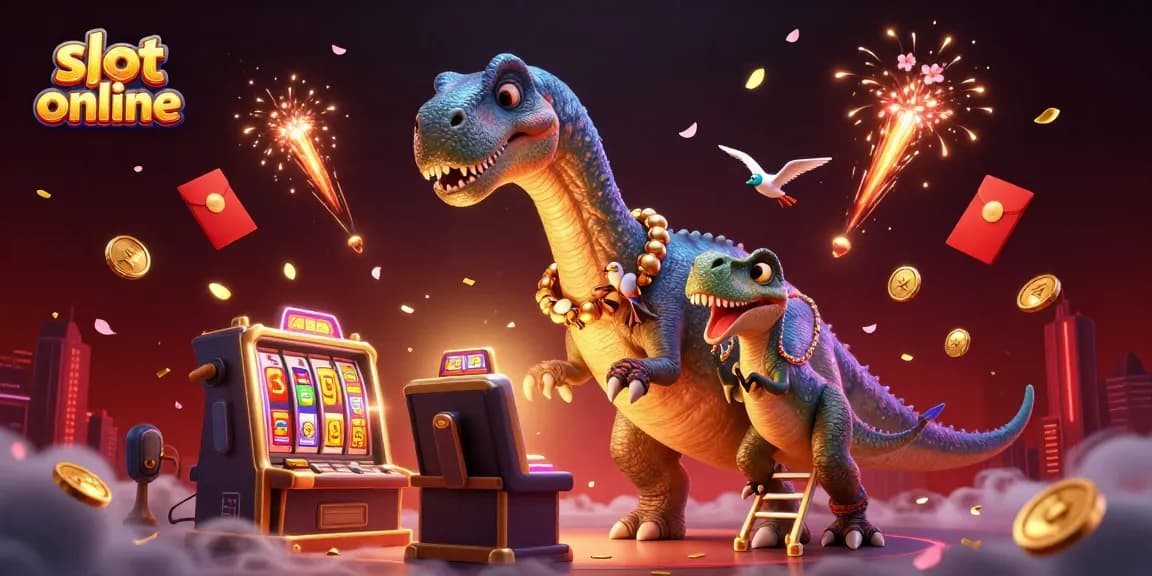 Menangkan permainan slot online dengan brontosaurus dan raptor yang berinteraksi di kasino dengan elemen bertema keberuntungan.