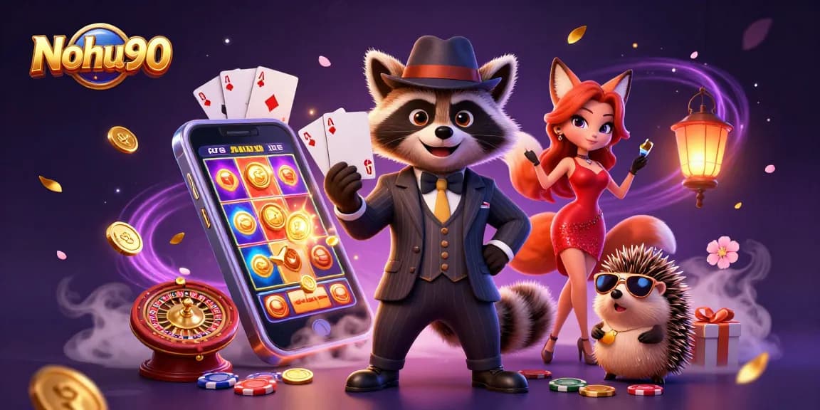Nohu90 enhances gaming fun with a suave raccoon, glamorous fox, and dynamic slot elements.