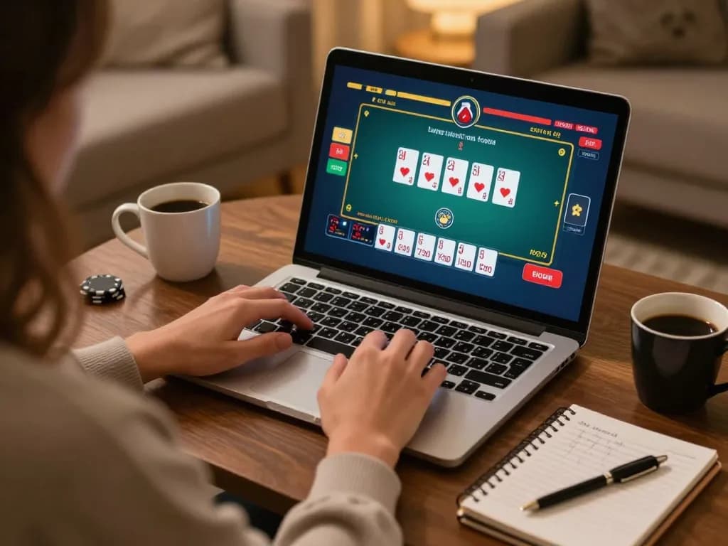 Playing an exciting poker game on okfun with strategies noted in a cozy home environment.
