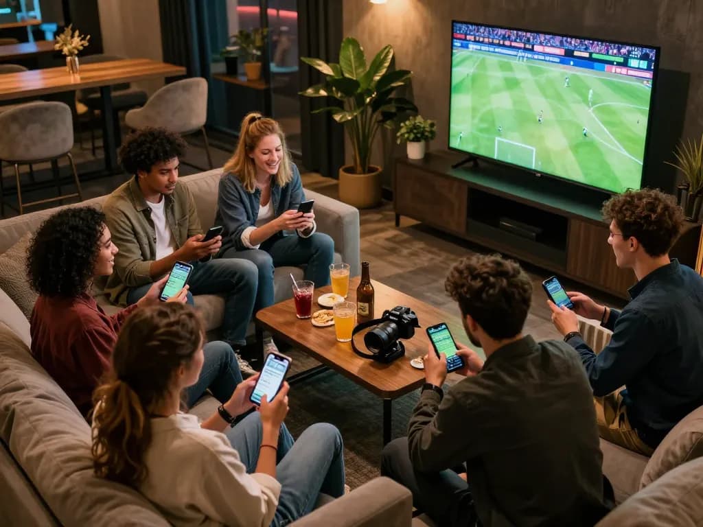Friends watching a football match while placing bets on VSBET using their smartphones.