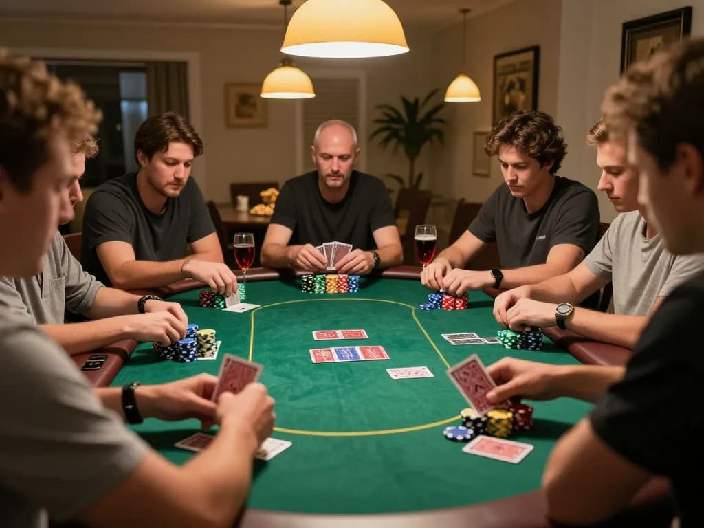 Players engaging in strategy at a Rik VIP poker game night, showcasing colorful chips and cards in play.