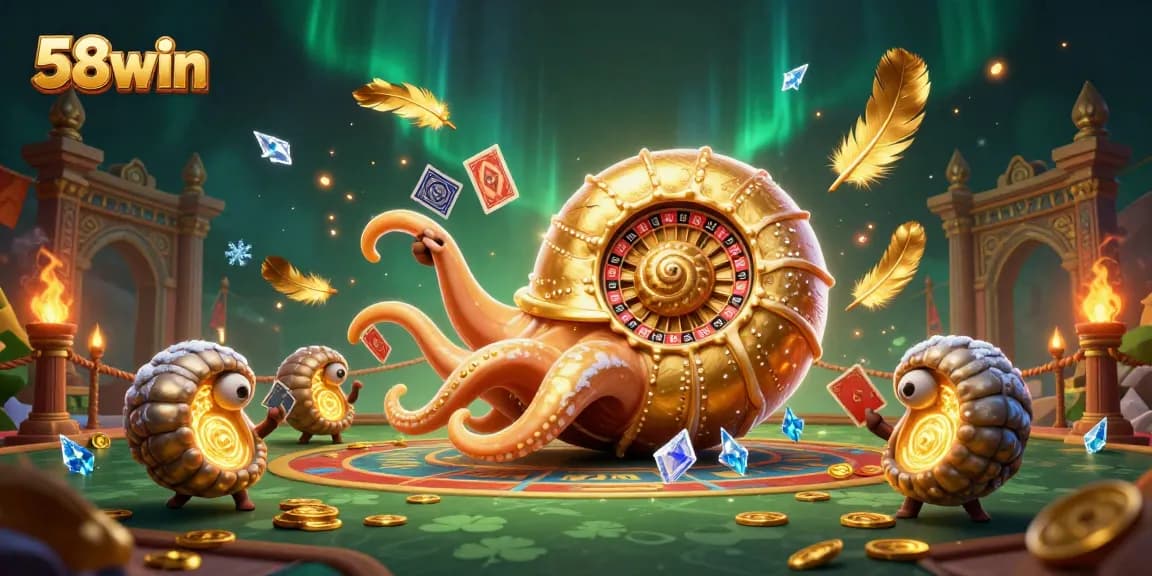 Engage in thrilling gameplay with 58win's dynamic casino scene featuring a giant nautilus and glowing companions.