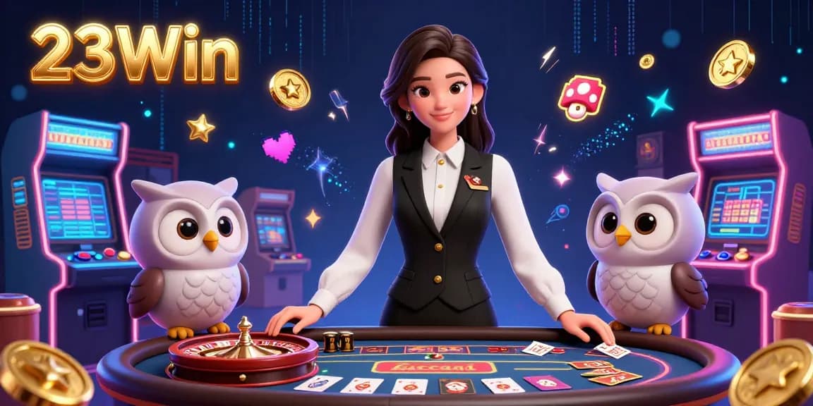 Engage with 23Win's dynamic gaming scene featuring dealers and vibrant arcade elements in a luxurious casino setting.