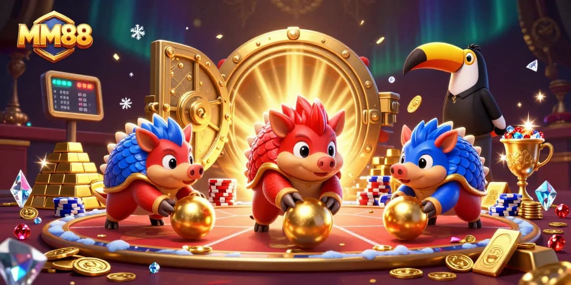 Experience thrilling games with MM88 at a vibrant casino scene featuring rolling pangolins and poker chips.