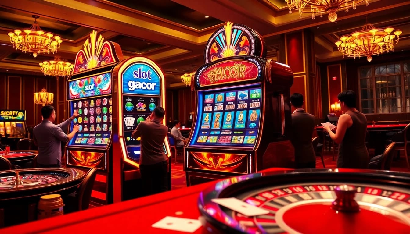 Play exciting slot gacor machines in a glamorous casino atmosphere filled with vibrant colors and thrilling players.