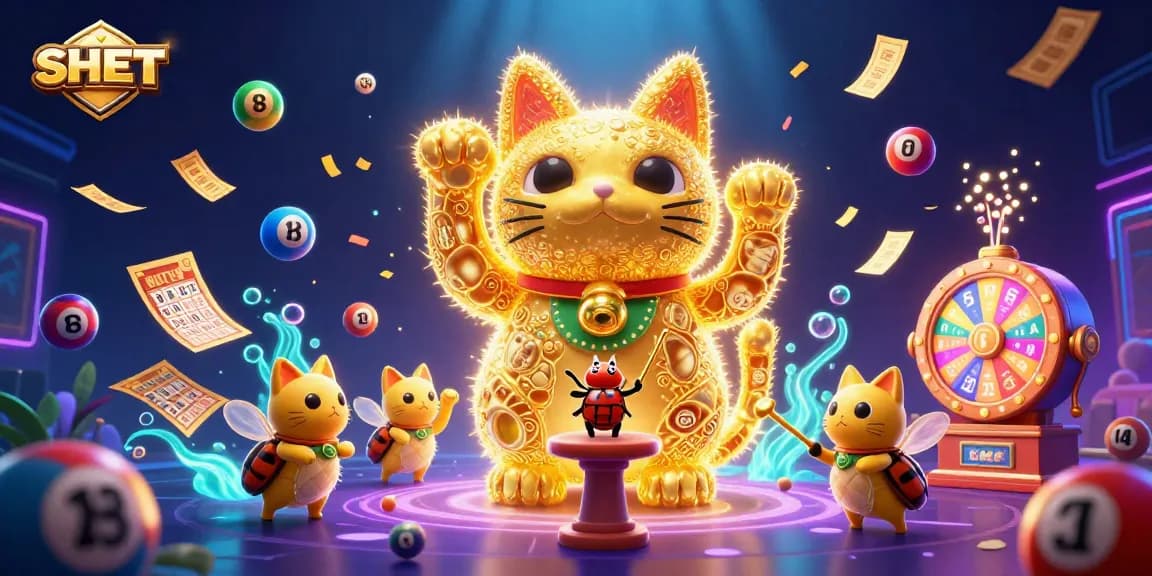 Engage with SH BET's vibrant lottery excitement featuring animated colorful elements and a lucky cat!