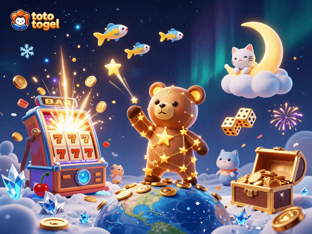 Engage with toto togel's vibrant gambling scene featuring cosmic characters and a jackpot explosion.