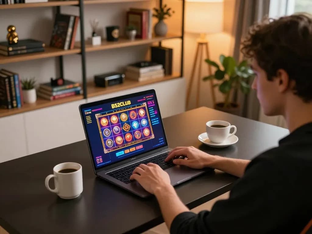 B52Club player enjoying online slots in a cozy, modern gaming setup with stylish decor